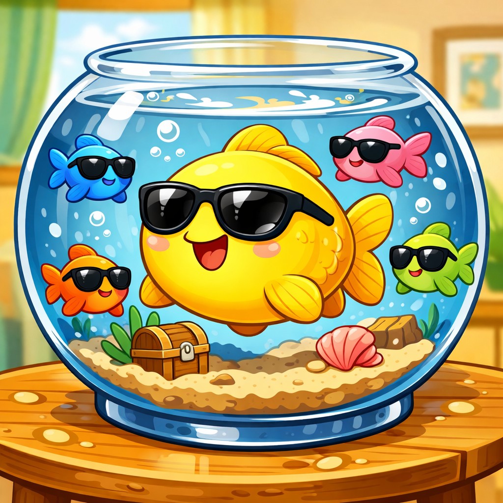 Gelber kugeliger Fisch mit Sonnenbrille  in einem Fischglas umgeben von kleinen bunten Fischen